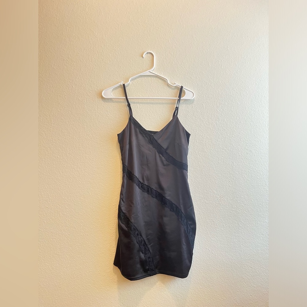 NWT Urban Outfitters black satin mini dress with lace detailing